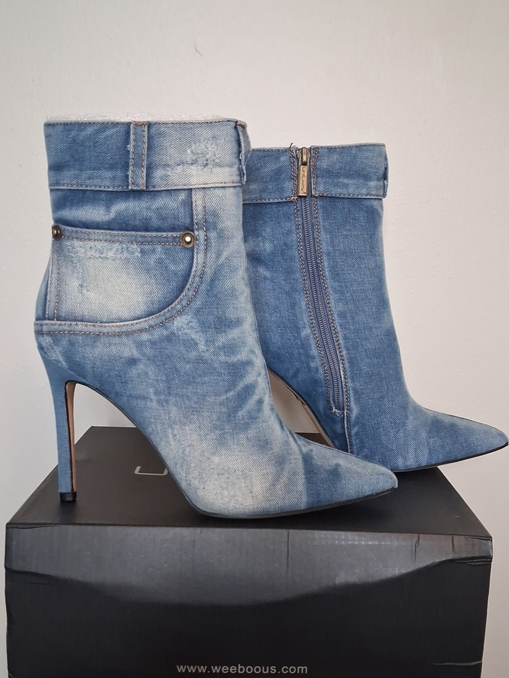 Denim Pointed-Toe Stiletto Ankle Boots - Blue